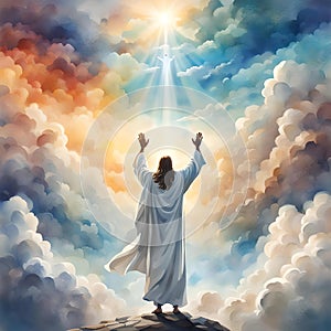 Watercolor illustration jesus christ rising to the sky with a raised hand floating towards the clouds