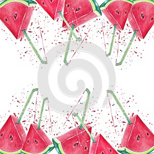 Watercolor illustration juicy slice of watermelon with a cocktail tube and spray