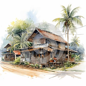 Watercolor Illustration of Kampung village, wooden house, Malaysia, Indonesia, Thailand