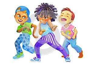 Watercolor illustration for kids dancing party design. Multicultural boys dancing together.