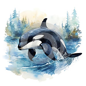 Watercolor illustration of a killer whale swimming in the water. Watercolor hand drawn illustration. Generative AI Generative AI