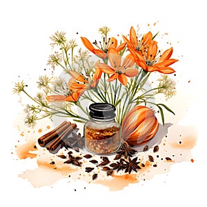 Watercolor illustration. Kitchen spices. Cinnamon sprigs and flowers.ai generated