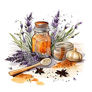 Watercolor illustration. Kitchen spices. Cumin sprigs and caraway flowers.ai generated