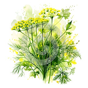 Watercolor illustration. Kitchen spices. Dill sprigs and dill flowers.ai generated