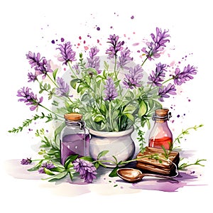 Watercolor illustration. Kitchen spices. Melissa twigs and flowers.