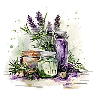 Watercolor illustration. Kitchen spices. Rosemary sprigs and flowers.ai generated