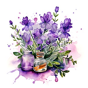 Watercolor illustration. Kitchen spices. Rosemary sprigs and flowers.ai generated