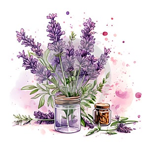 Watercolor illustration. Kitchen spices. Thyme sprigs and thyme flowers.ai generated