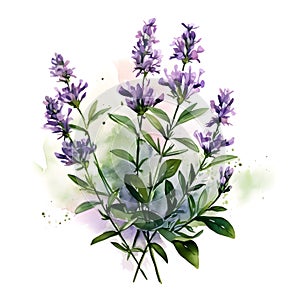 Watercolor illustration. Kitchen spices. Thyme sprigs and thyme flowers.ai generated