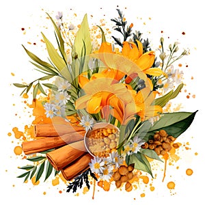 Watercolor illustration. Kitchen spices. Twigs and flowers turmeric.ai generated