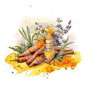 Watercolor illustration. Kitchen spices. Twigs and flowers turmeric.ai generated