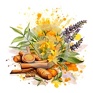 Watercolor illustration. Kitchen spices. Twigs and flowers turmeric.ai generated