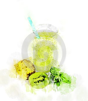 Watercolor Illustration Kiwi Juice Glass