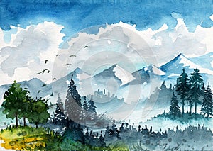 Watercolor illustration of a landscape with dark fir trees