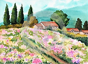 Watercolor illustration of a landscape with a green flower-strewn meadow