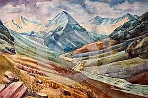 Watercolor illustration. Landscape of a mountain valley sunset, sunrise.