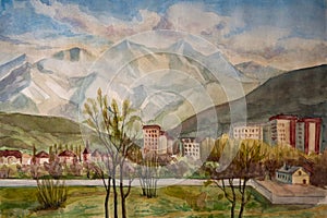 Watercolor illustration. Landscape of a mountain valley sunset, sunrise.