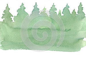Watercolor illustration of a landscape, panoramic view of a green pine forest, hand-drawn.