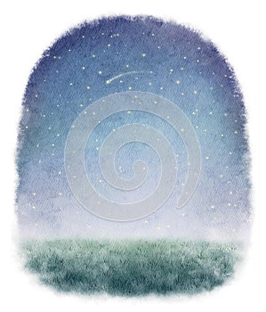 Watercolor illustration with landscape scenery with night meadow, sky and stars