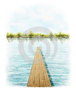 Watercolor illustration with landscape scenery with pier on the river