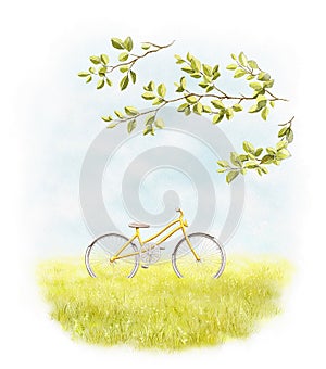 Watercolor illustration with landscape scenery, summer meadow, sky and yellow bike