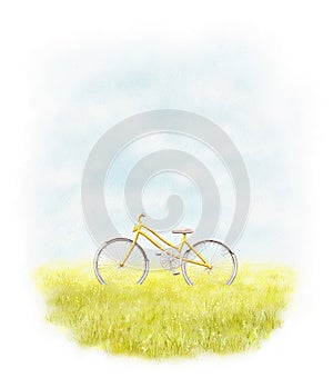 Watercolor illustration with landscape scenery summer meadow, sky and yellow female bike