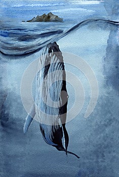 Watercolor illustration of a large blue whale in the middle of the ocean with a wave above it