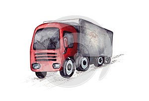 Watercolor illustration.A large covered truck with a red cab on the road.isolated on a white background