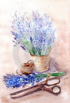 Watercolor illustration of lavender in a vase with yarn and scissors on a wooden table