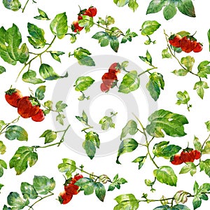 Watercolor illustration of leaf and Strawberry, seamless pattern