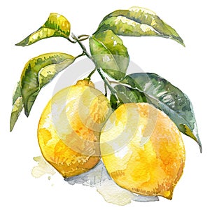 Watercolor illustration of lemon hanging on a branch