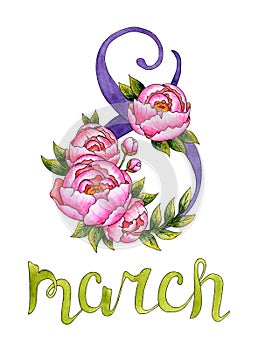 March 8 lettering with watercolor flowers