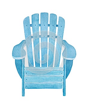 Watercolor illustration of light blue wooden deckchair. photo