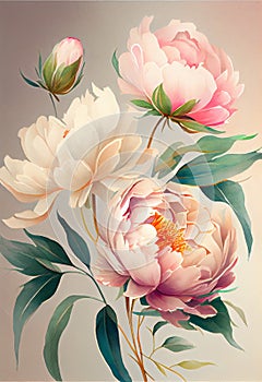 Watercolor illustration light pink peony flower on a stem with buds. AI Generated