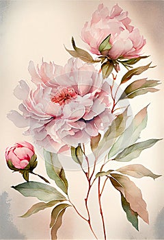 Watercolor illustration light pink peony flower on a stem with buds. AI Generated
