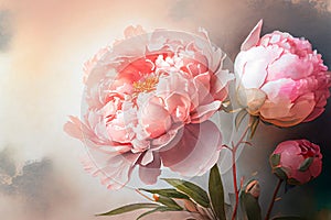 Watercolor illustration light pink peony flower on a stem with buds. AI Generated