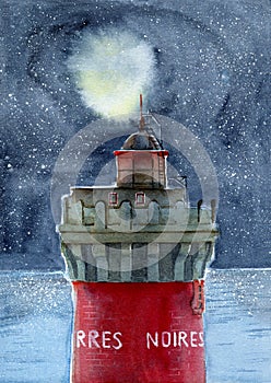 Watercolor illustration of a Lighthouse of the Black Stones