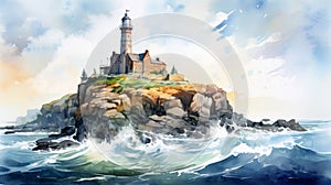 Watercolor Illustration Of A Lighthouse On A Rock