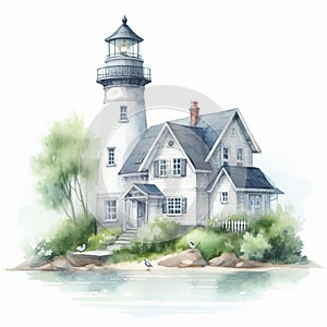 Watercolor illustration of a lighthouse on the shores of Lake Superior.