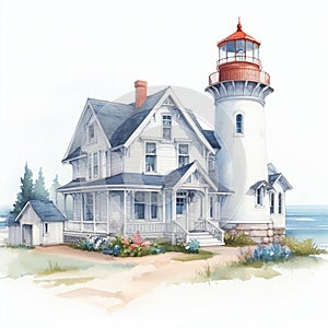 Watercolor illustration of a lighthouse on the shores of Lake Superior.