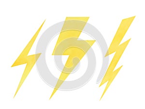 Watercolor illustration of lightning in yellow color isolated on white background. Drawn by hand. photo
