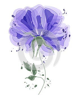 Watercolor illustration, lilac flower on a stem with leaves and splashes of watercolor. Wall art, poster.