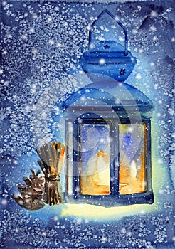 Watercolor illustration of a lit blue lantern with a candle inside, standing in the snow