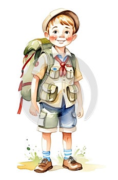 watercolor illustration of little Caucasian boy scout in shorts, hat, uniform on white background