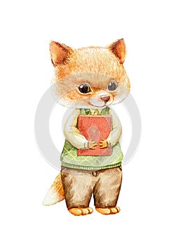 Watercolor illustration with little fox in clothes animal and book