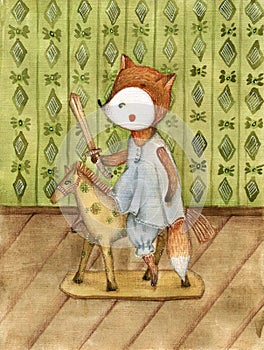 Watercolor illustration of a little fox with a saber in hand riding a vintage horse