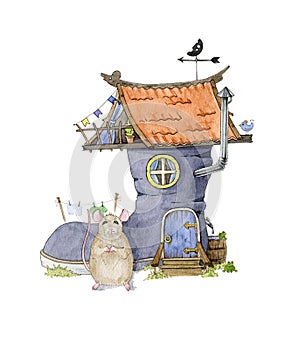 Watercolor illustration of a little funny mouse and house from the shoe isolated on white background. Cartoon drawing funny animal