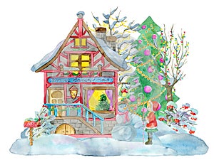 Watercolor illustration with little girl holding lantern, beautiful cottage house, decorated conifer isolated on white