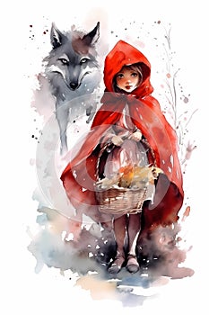 watercolor illustration of Little red riding hood and the evil wolf. Generative AI