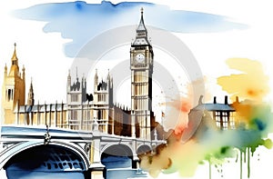 watercolor illustration of London cityscape with Houses of Parliament and Big Ben tower, travelling